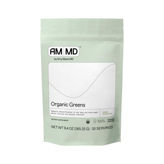 Amy Myers MD Organic Greens Powder bottle for daily energy support and gut wellness.