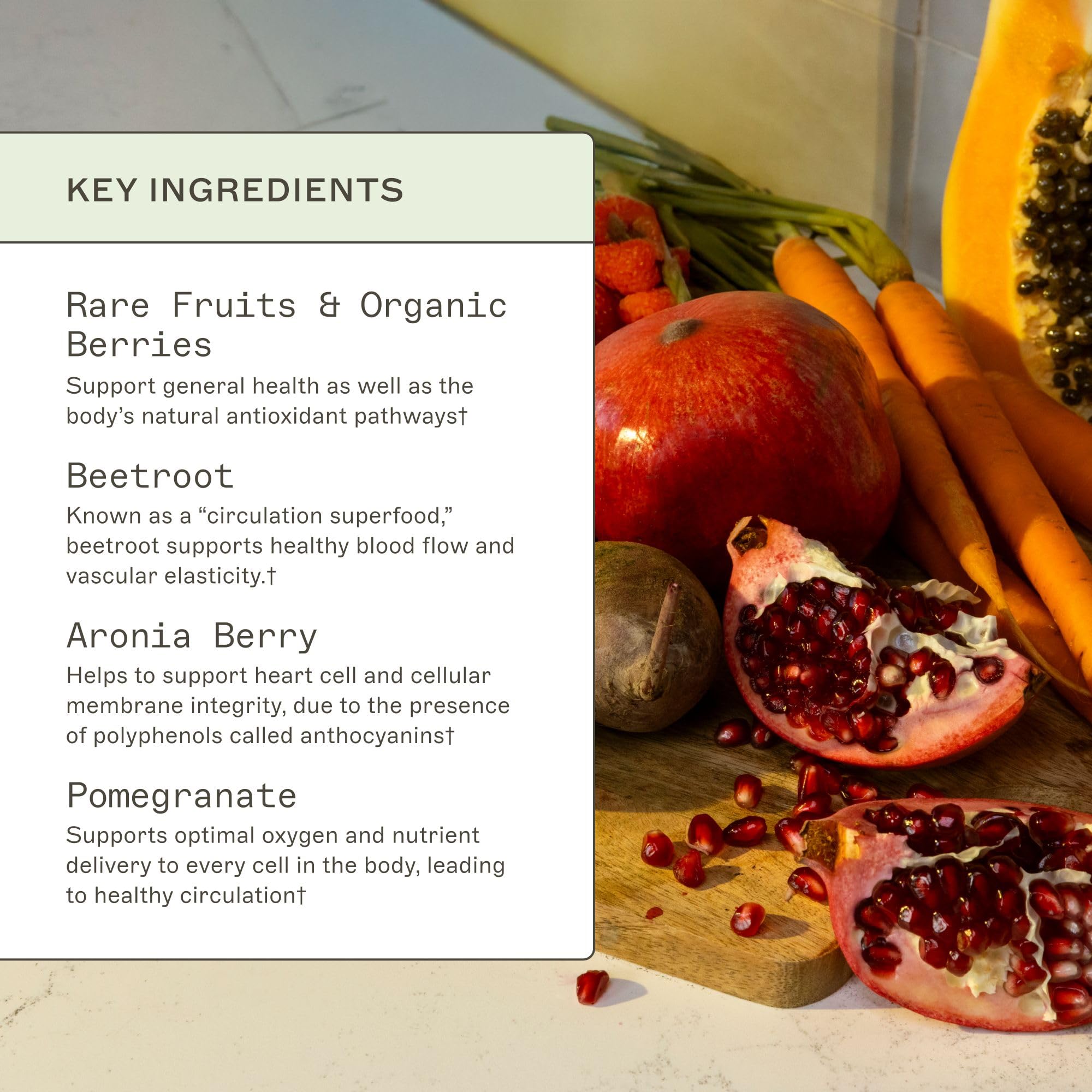 Beet, aronia, and raspberry ingredients in the mix highlight circulation support