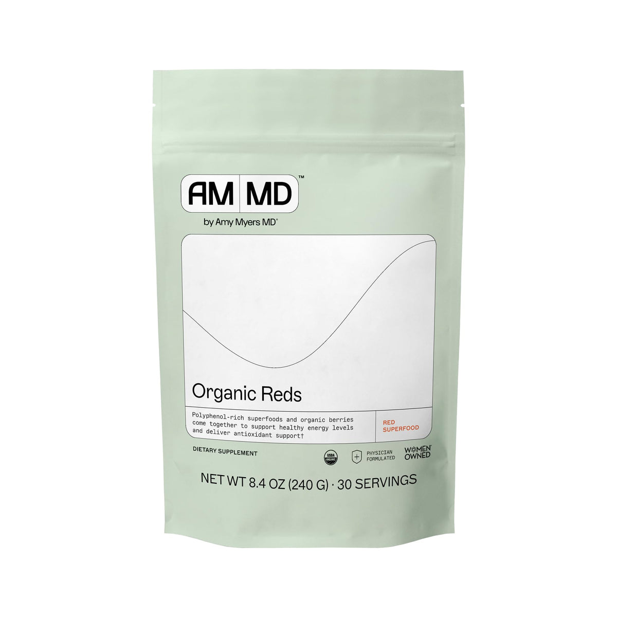 Amy Myers MD Organic Reds bottle with pour, supports daily antioxidant defense