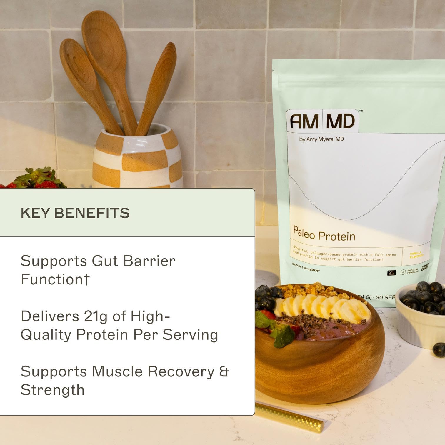 Visible grass-fed source notes clean protein from cattle for Amy Myers MD powder.