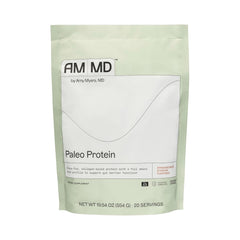 Amy Myers MD Paleo Protein Powder bottle with strawberries and cream flavor for daily nourishment.