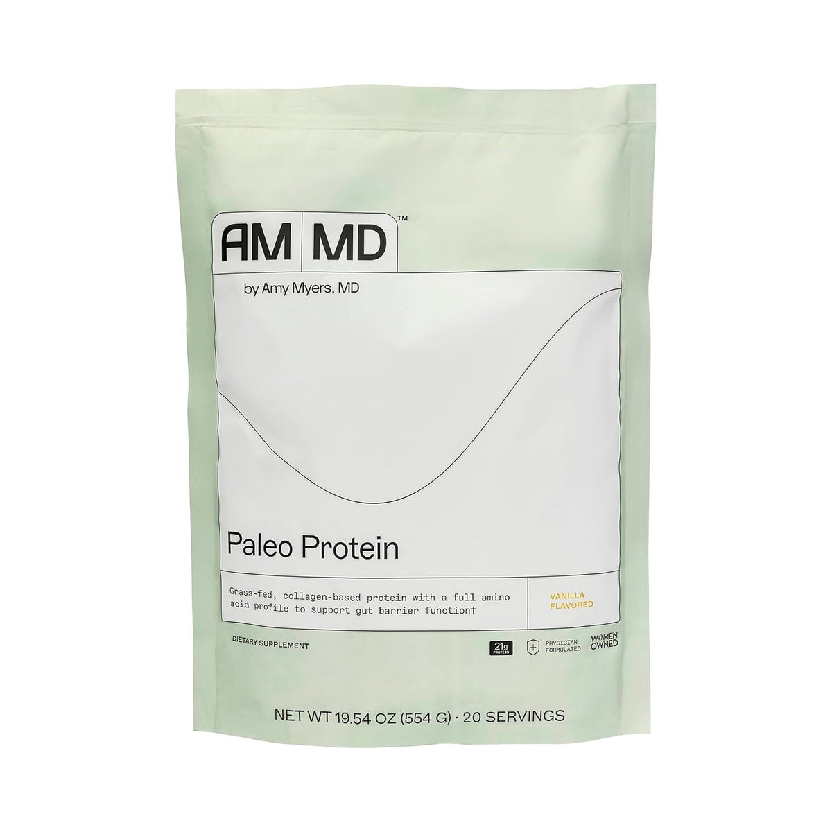 Amy Myers MD Paleo Protein Powder Vanilla Bean label highlights gluten-free, non-dairy nutrition.
