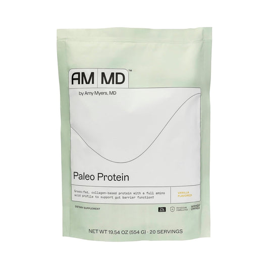 Amy Myers MD Paleo Protein Powder Vanilla Bean label highlights gluten-free, non-dairy nutrition.