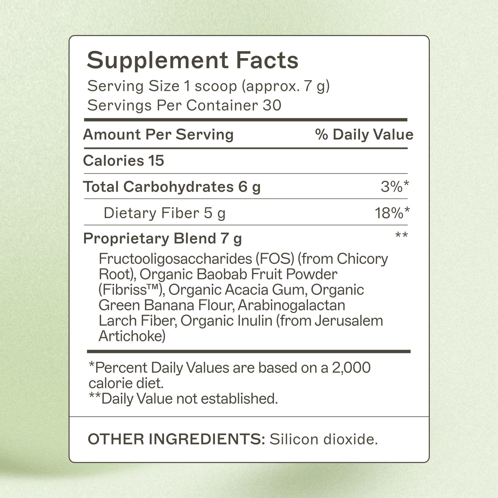 Amy Myers MD prebiotic fiber powder tub close-up highlighting organic acacia fiber.