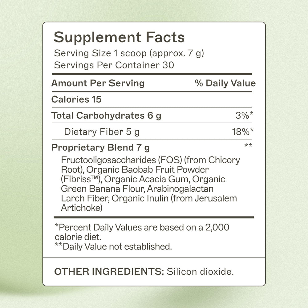 Amy Myers MD prebiotic fiber powder tub close-up highlighting organic acacia fiber.