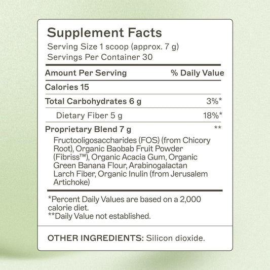 Amy Myers MD prebiotic fiber powder tub close-up highlighting organic acacia fiber.
