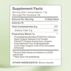 Amy Myers MD prebiotic fiber powder tub close-up highlighting organic acacia fiber.