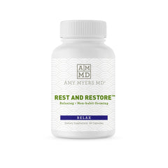 Amy Myers MD Rest and Restore bottle front for nightly sleep support.