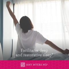 Amy Myers MD Rest and Restore bottle with glass of water for nightly use.