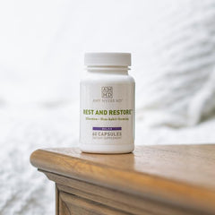 Capsules closeup of Amy Myers MD Rest and Restore emphasizing non-habit forming support.