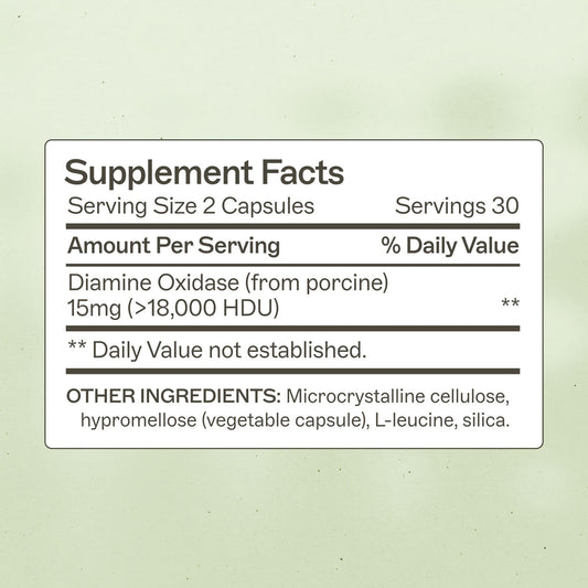 Histazyme capsules closeup showing DAO enzyme support for histamine breakdown.