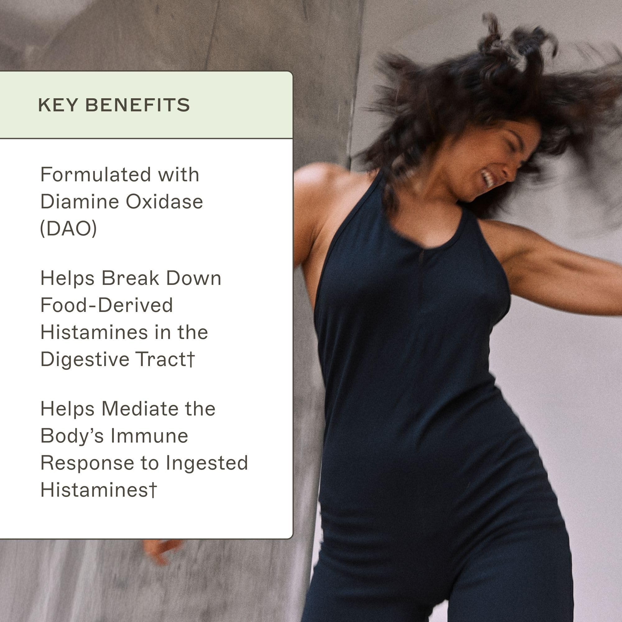 Patented DAO enzyme graphic on Histazyme packaging signals enzyme support.