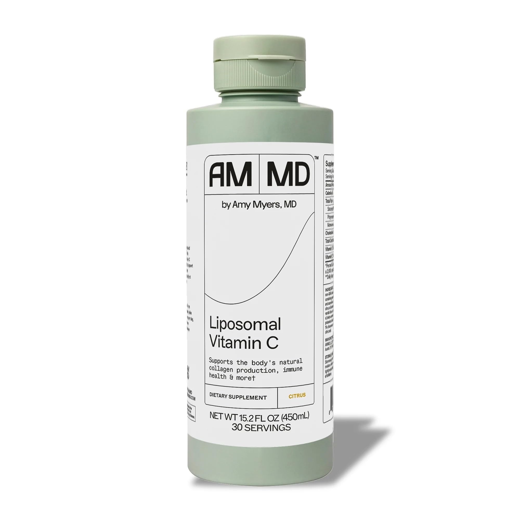 Amy Myers MD liposomal vitamin C bottle pour highlighting high absorption benefits