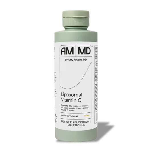 Amy Myers MD liposomal vitamin C bottle pour highlighting high absorption benefits