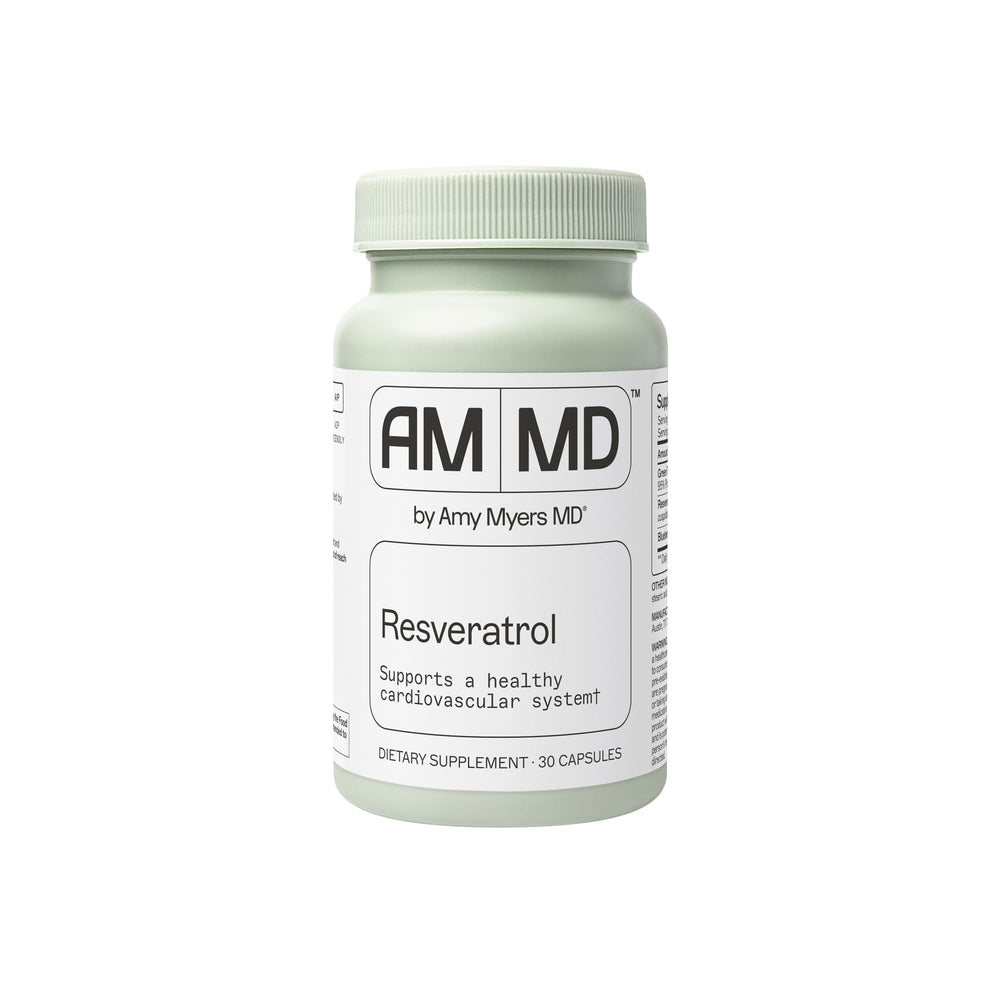 Amy Myers MD Resveratrol bottle closeup shows daily immune-support supplement.