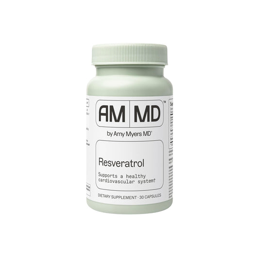 Amy Myers MD Resveratrol bottle closeup shows daily immune-support supplement.