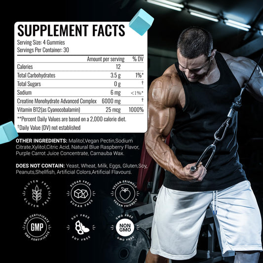 AMZXO Creatine Gummies bottle back label with ingredients and serving guidance