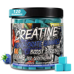 AMZXO Creatine Gummies bottle front showing vegan blue raspberry flavor for quick fueling