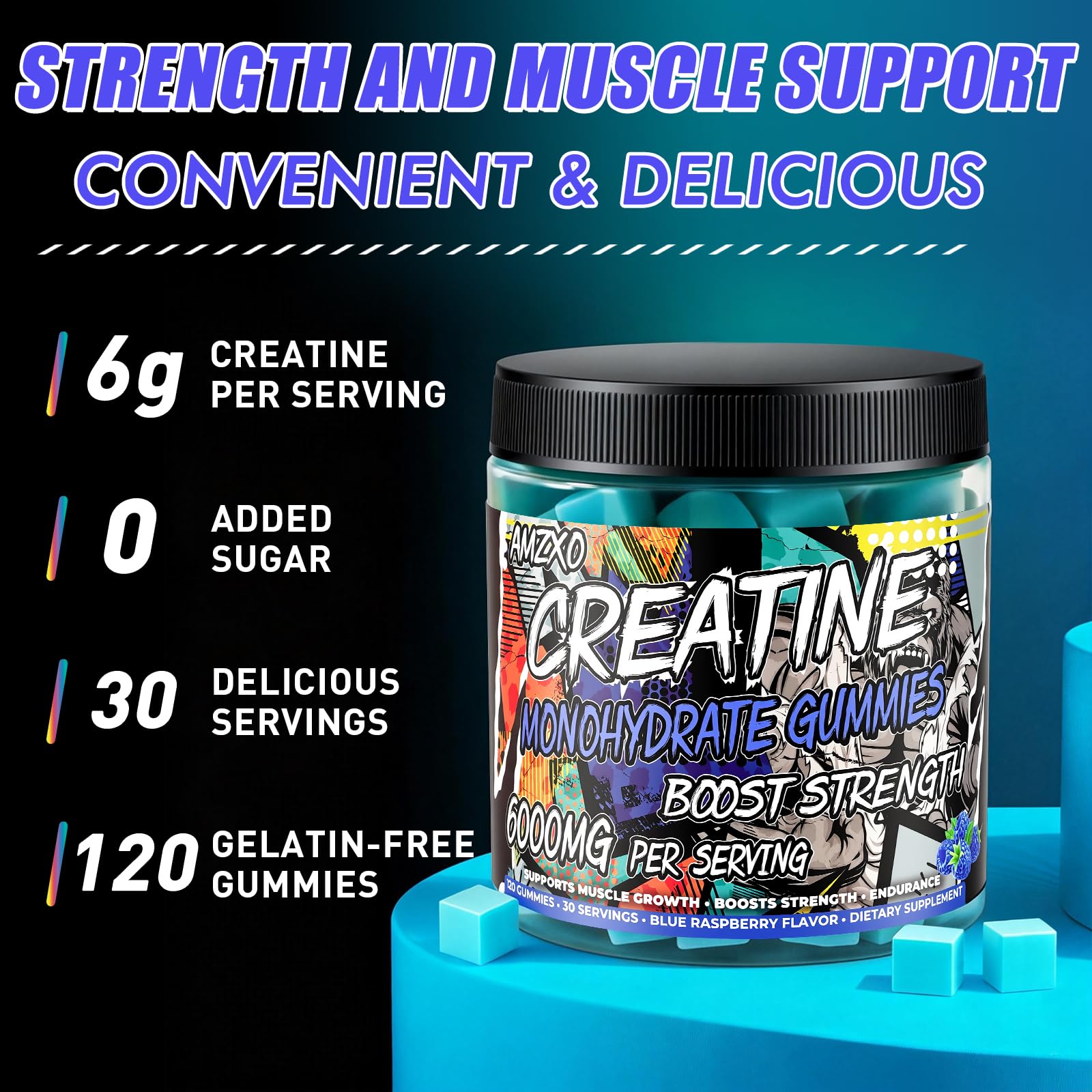 AMZXO Creatine Monohydrate Gummies daily-dose image illustrating four gummies per day for 30 days