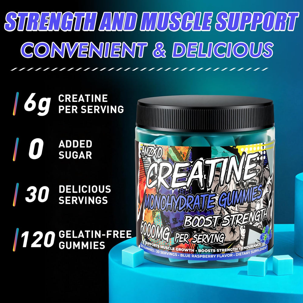 AMZXO Creatine Monohydrate Gummies daily-dose image illustrating four gummies per day for 30 days