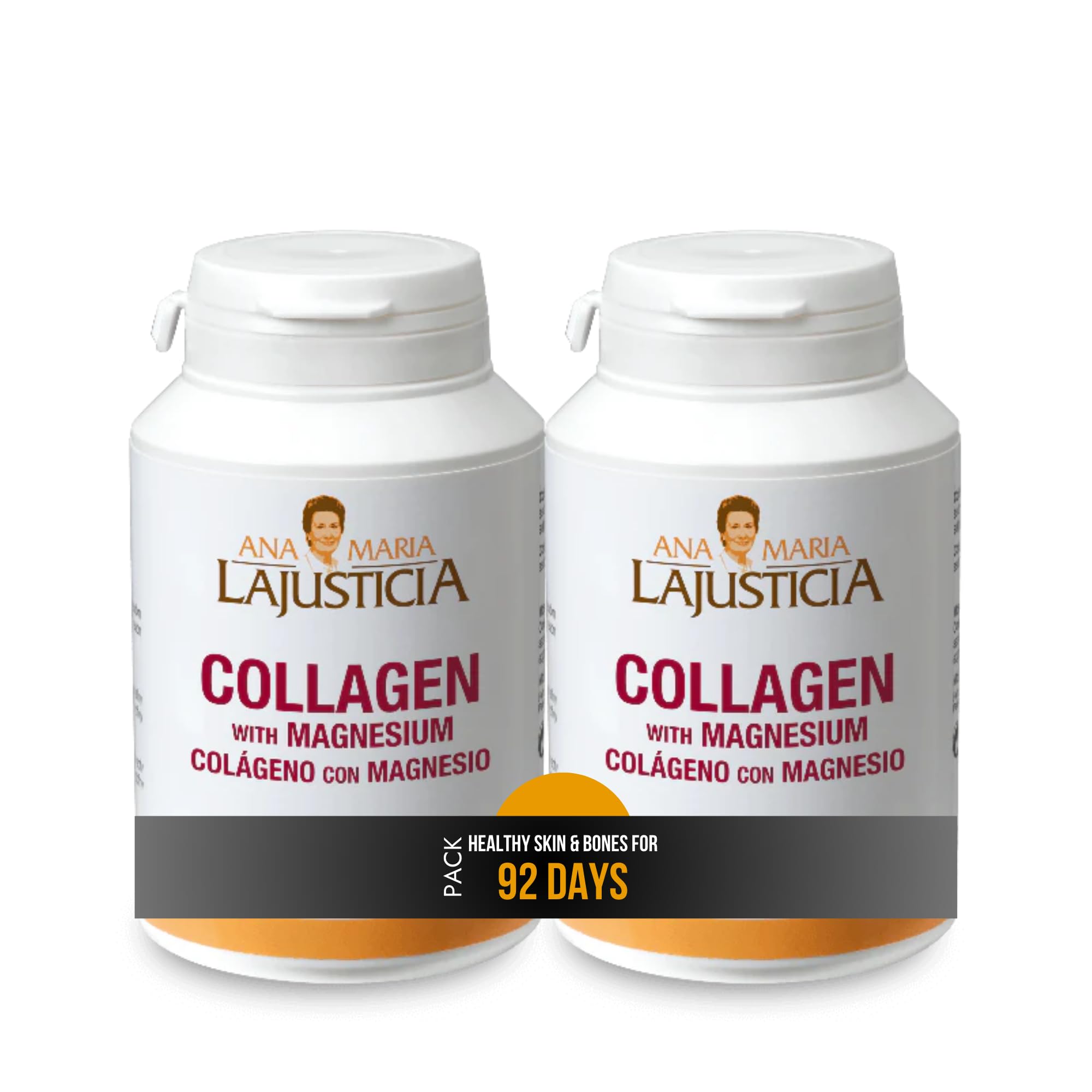 Ana María Lajusticia 2Pack bottle front showing collagen magnesium capsules for wellness.