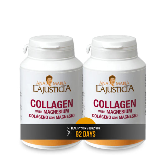 Ana María Lajusticia 2Pack bottle front showing collagen magnesium capsules for wellness.