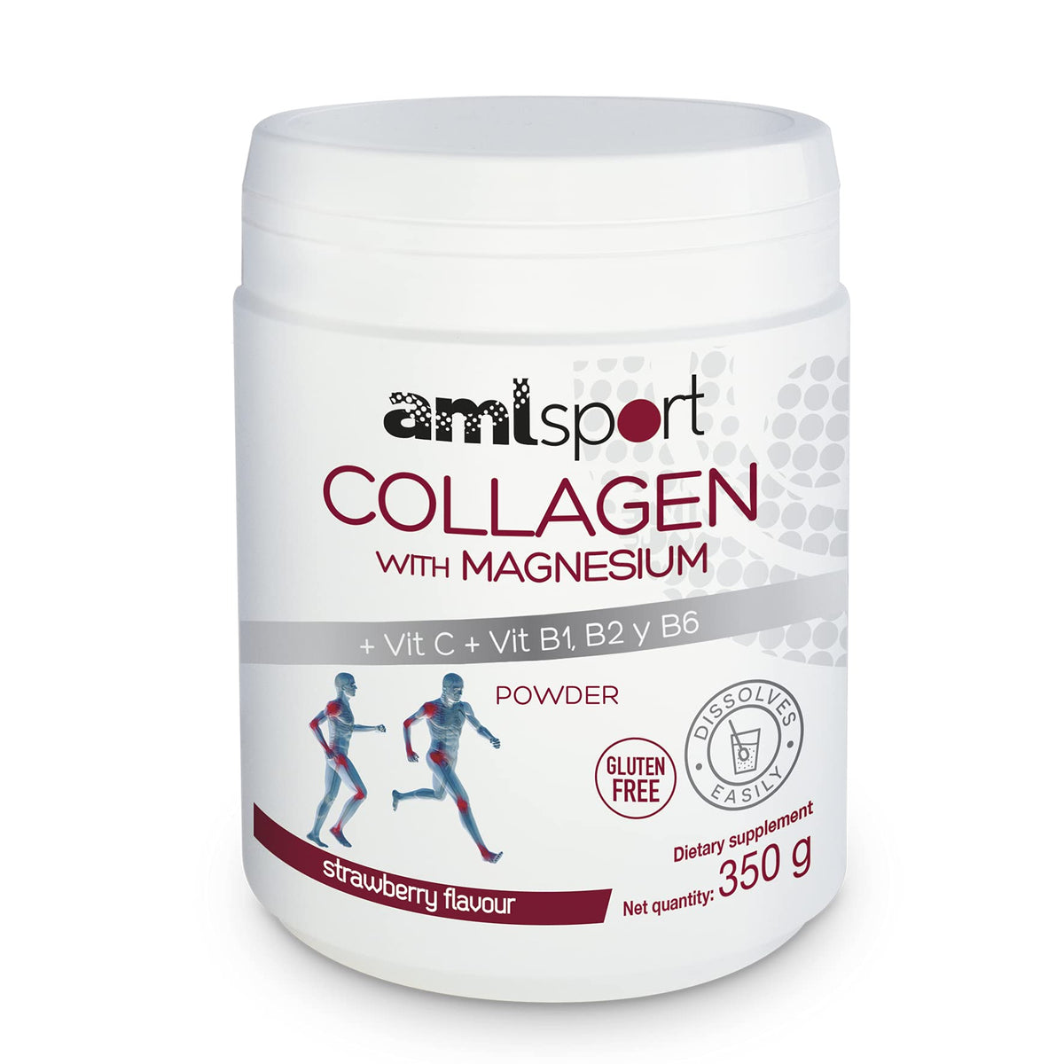 Ana María Lajusticia AML Sport collagen powder tub front view, strawberry flavor, supports tissue maintenance.