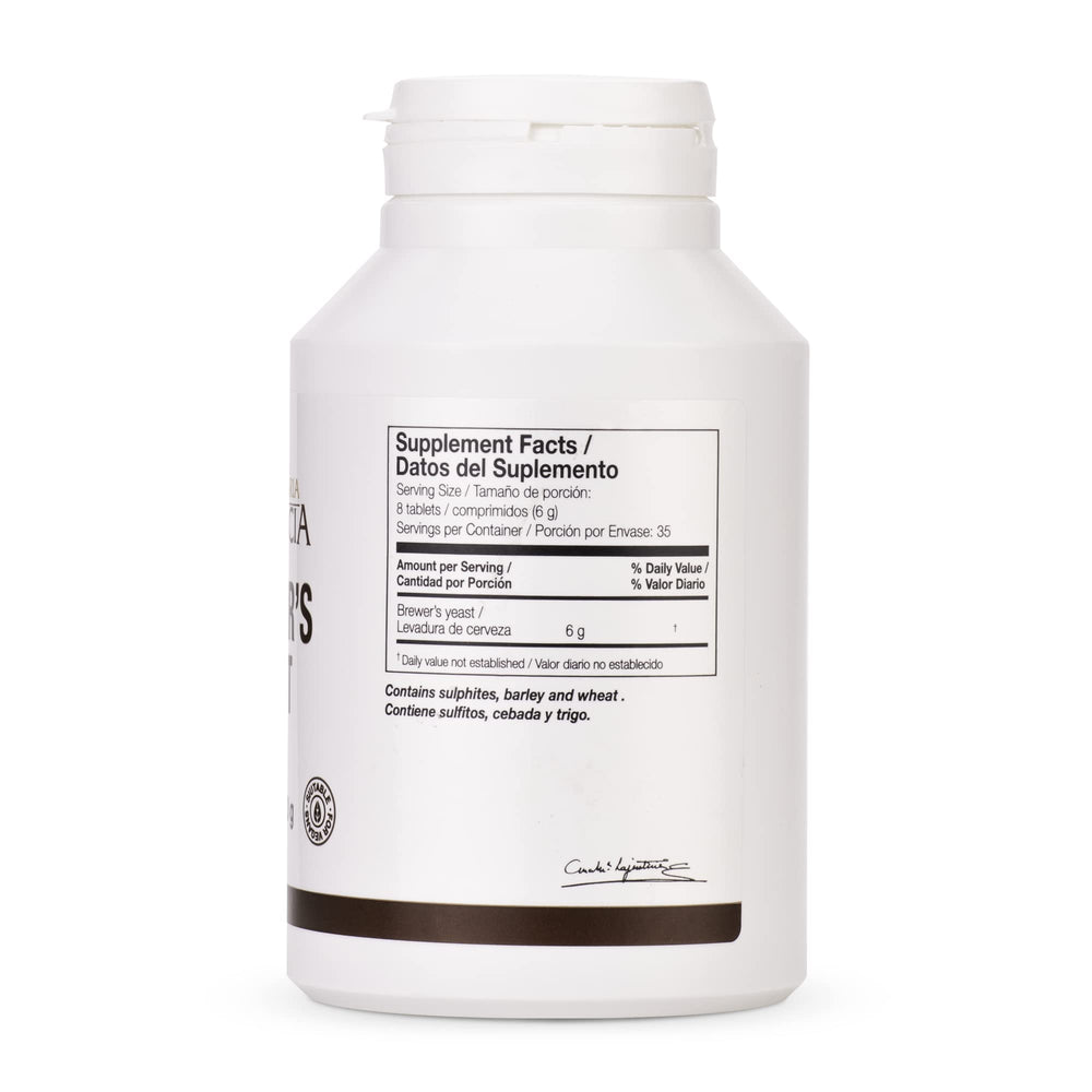 Label close-up of Ana Maria Lajusticia Brewer's Yeast with vegan sugar-free formula