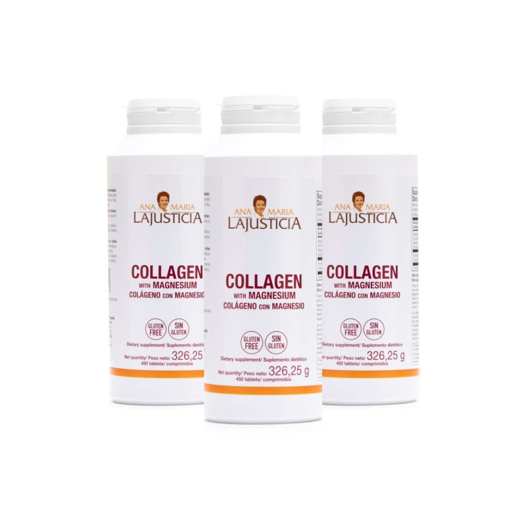 Ana Maria Lajusticia collagen bottle front, triple-pack for daily skin support.