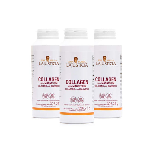 Ana Maria Lajusticia collagen bottle front, triple-pack for daily skin support.
