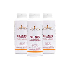 Ana Maria Lajusticia collagen bottle front, triple-pack for daily skin support.