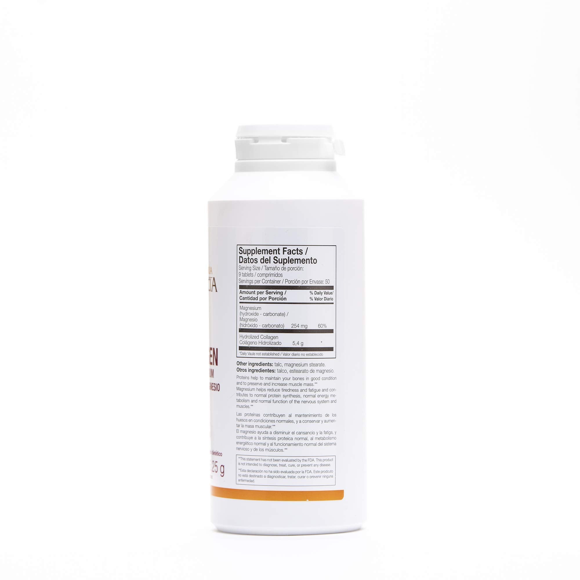 Ana Maria Lajusticia collagen bottle label, magnesium included for joint and tissue support.