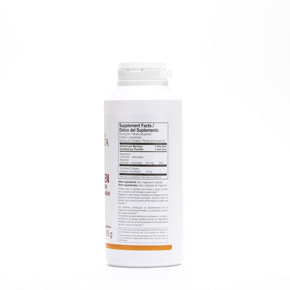 Ana Maria Lajusticia collagen bottle label, magnesium included for joint and tissue support.