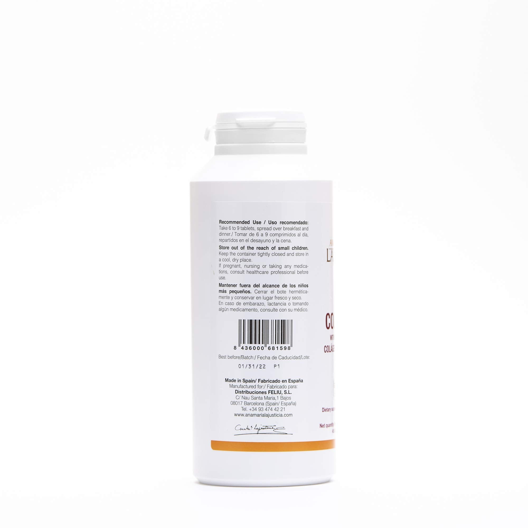 Ana Maria Lajusticia collagen tablets close-up, easy-to-swallow capsules for daily skin health.