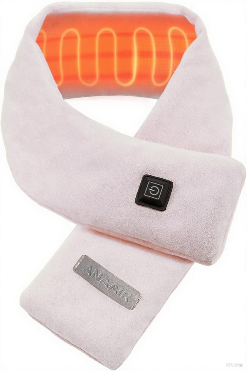 AnaAir neck heating pad worn as a scarf delivers targeted neck warmth.