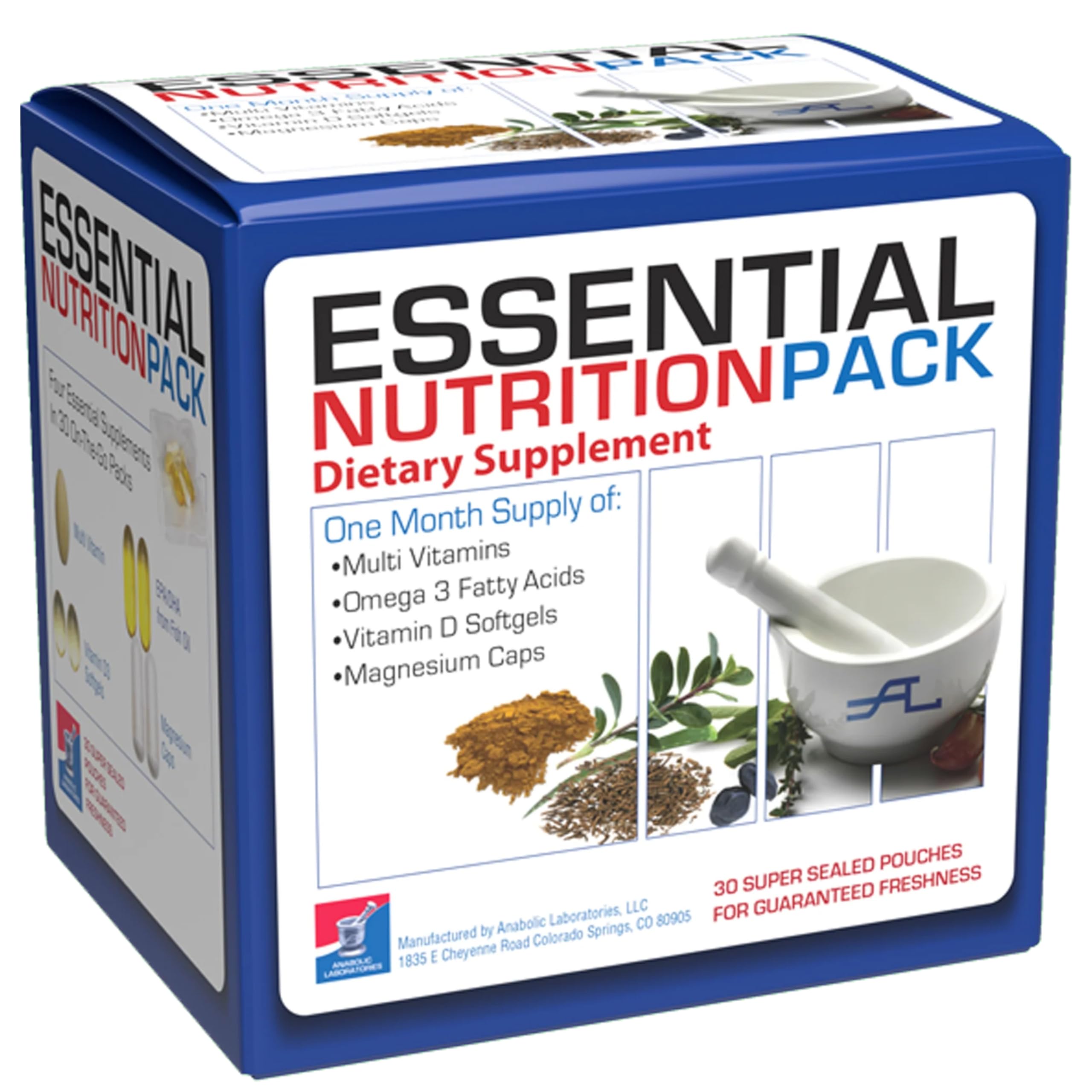 Anabolic Laboratories all-in-one packs bottle shows easy daily nutrition on the go.