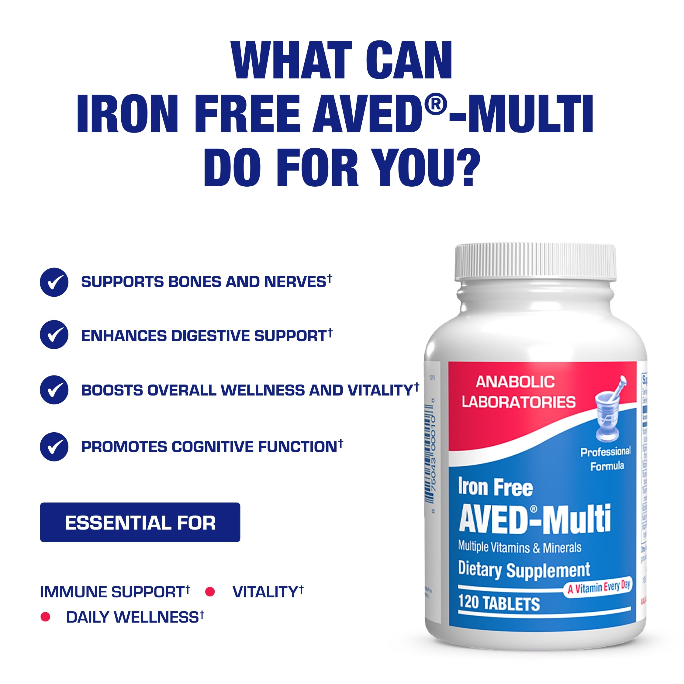 Nutrition facts panel of AVED highlights essential vitamins and minerals.