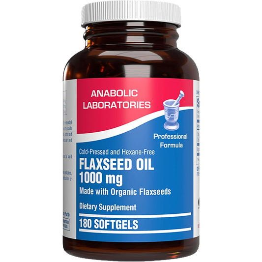 Anabolic Laboratories flaxseed oil bottle front showcases cold pressed omega-3 source for daily wellness