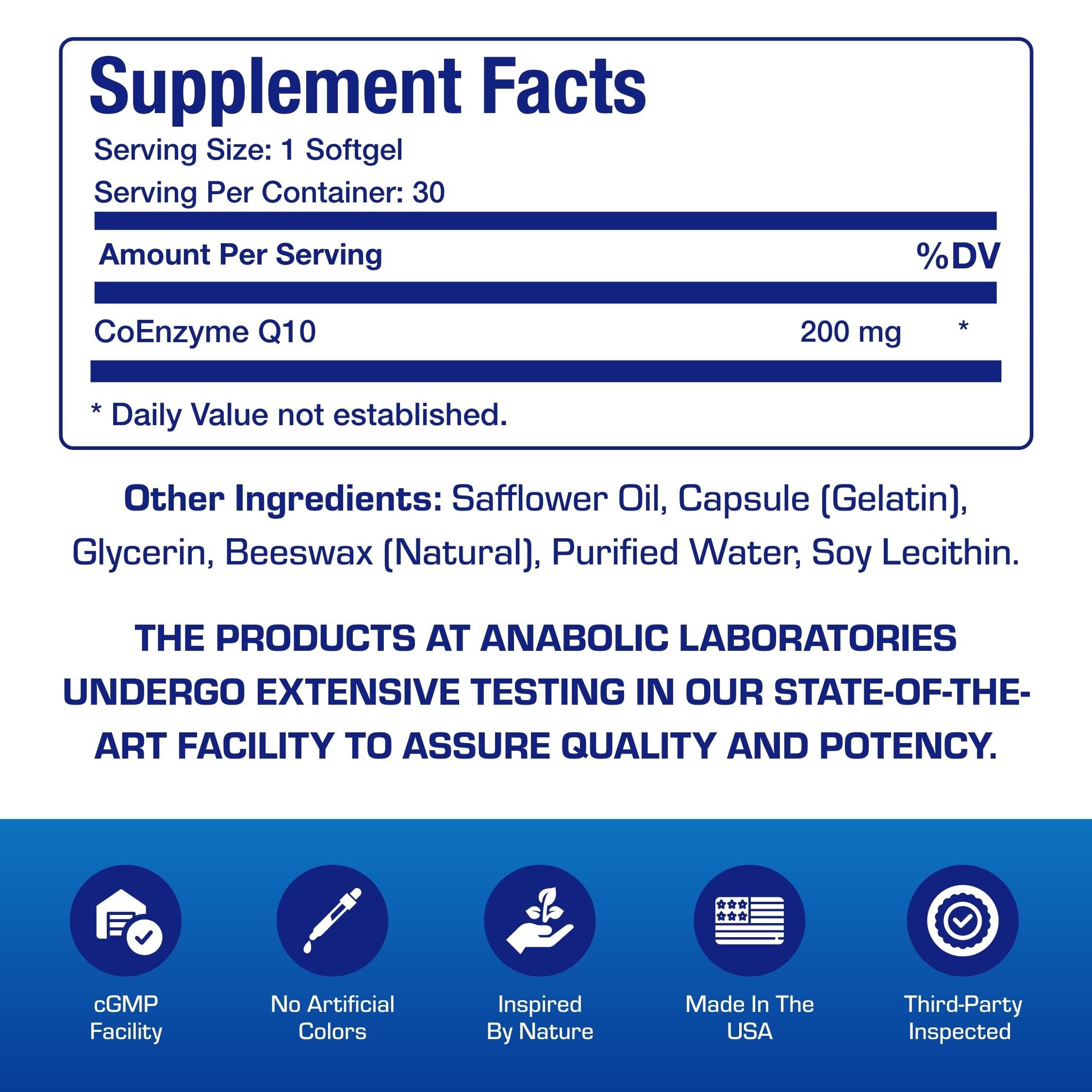Close-up of Anabolic Laboratories CoQ10 label on the bottle highlighting easy-to-swallow softgels.