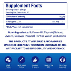 Close-up of Anabolic Laboratories CoQ10 label on the bottle highlighting easy-to-swallow softgels.