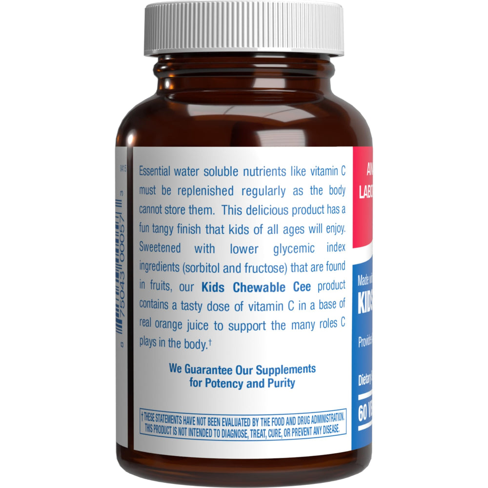 Closeup of Anabolic Laboratories vitamin C chewable tablet, orange flavor, kid-friendly daily use.