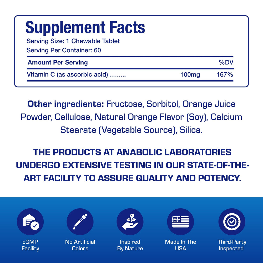Anabolic Laboratories vitamin C chewables in a sturdy bottle—safely sealed for quality.