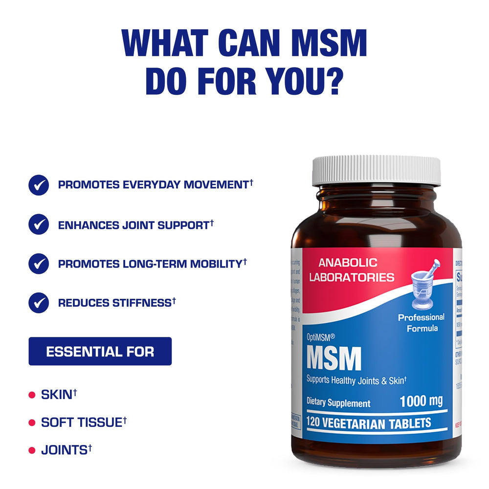 Anabolic Laboratories MSM packaging notes vegetarian and non-GMO USA-made features