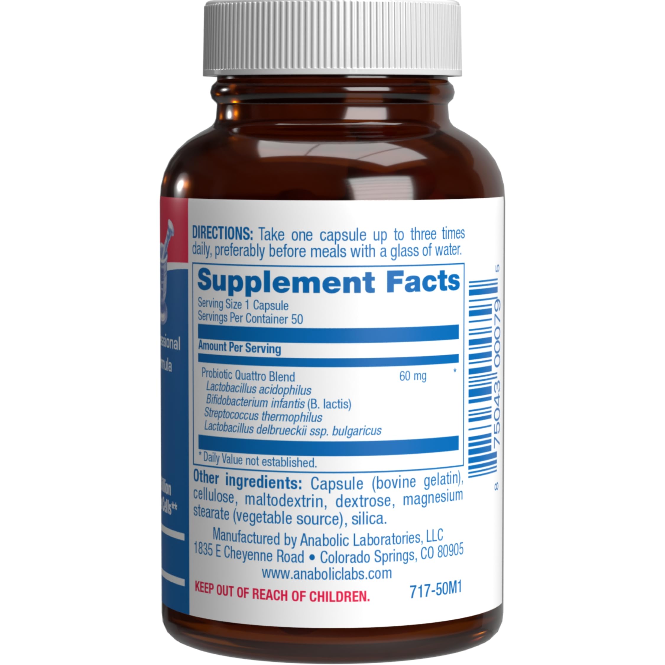 Anabolic Laboratories Quadbiotic bottle side view showing packaging