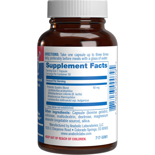 Anabolic Laboratories Quadbiotic bottle side view showing packaging