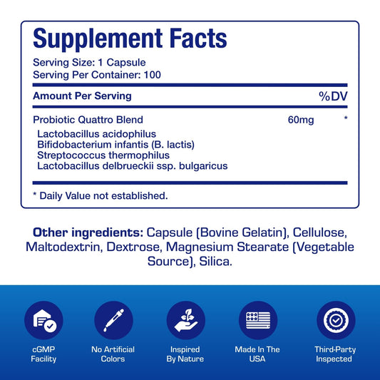Quadbiotic capsules closeup highlighting 4-in-1 formula for gut balance.