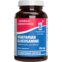 Anabolic Laboratories vegan glucosamine bottle with non-GMO, shellfish-free labeling for active individuals.