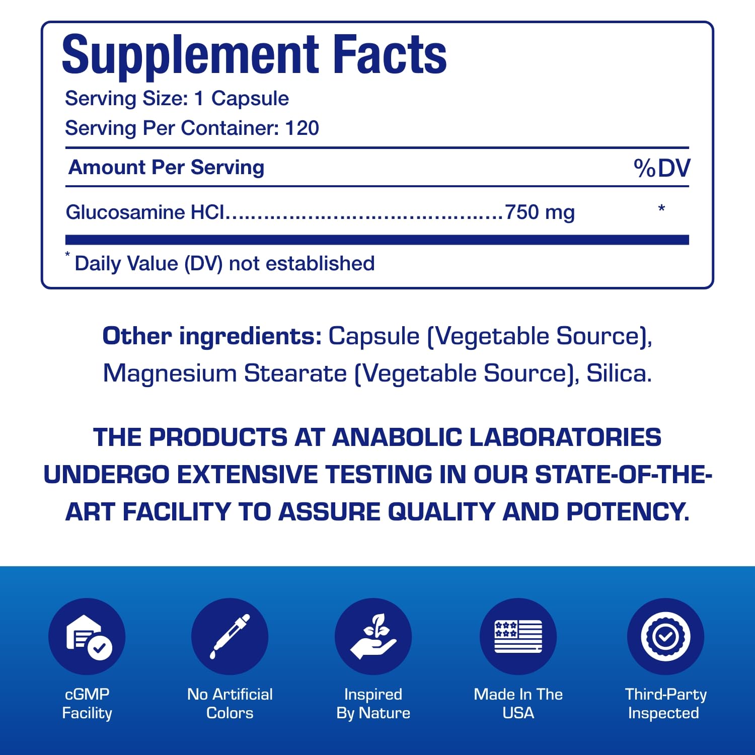 Anabolic Laboratories vegan glucosamine ingredients panel showing vegetarian glucosamine HCL.