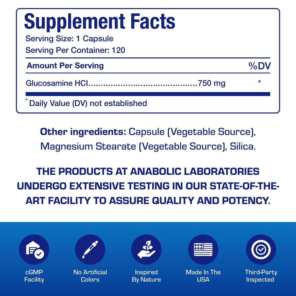 Anabolic Laboratories vegan glucosamine ingredients panel showing vegetarian glucosamine HCL.