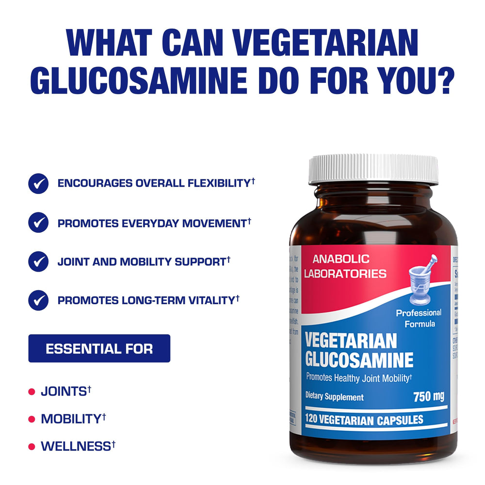 Anabolic Laboratories vegan glucosamine non-GMO badge on label.